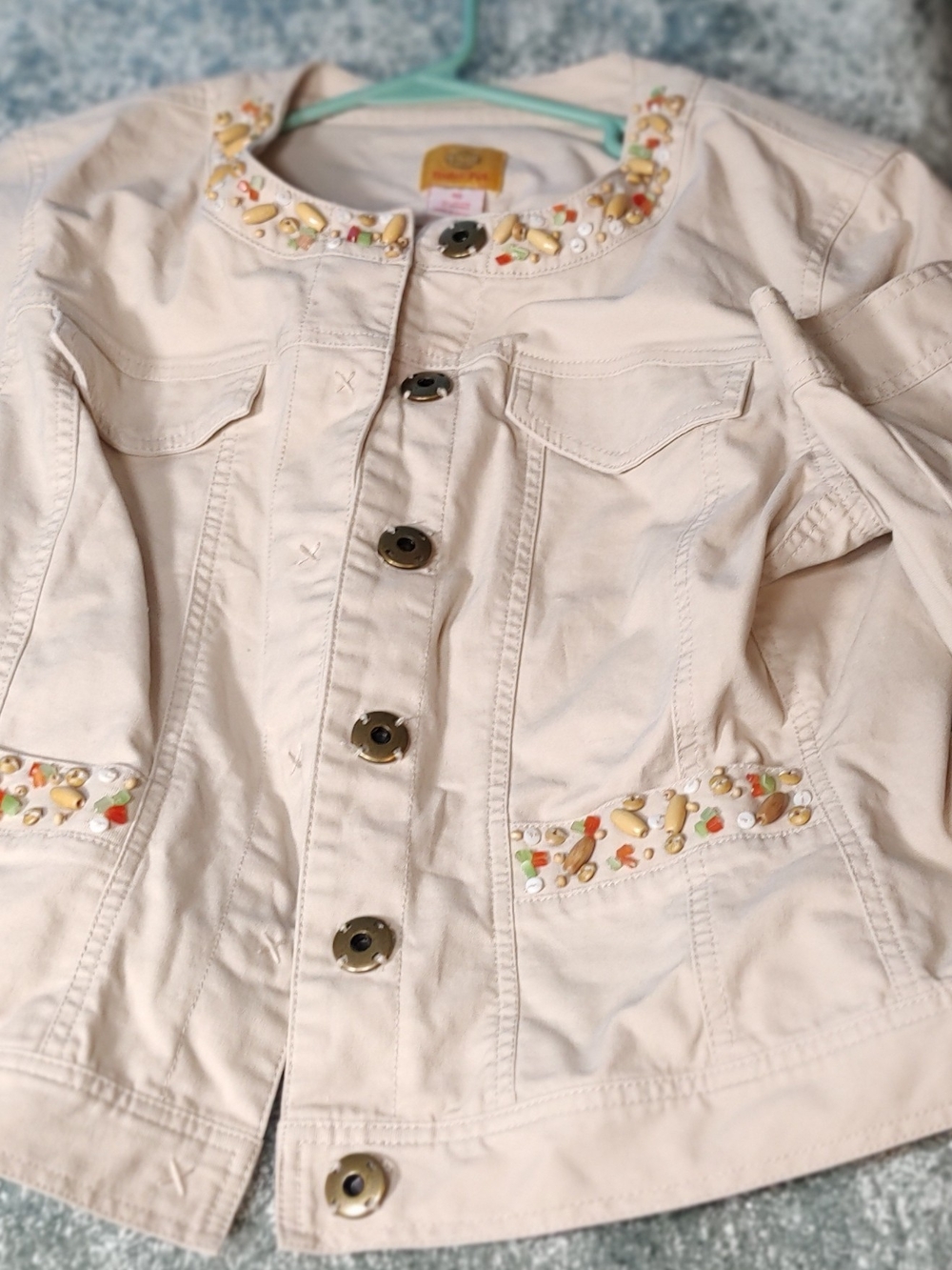 Ruby Rd. Cream Jean Jacket with Beaded Collar Accents